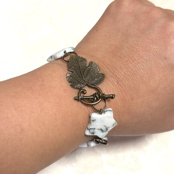 2/$20, Genuine White Green Tree Agate Bracelet, Gemstone Star +Bronze Grape Leaf - Picture 10 of 11